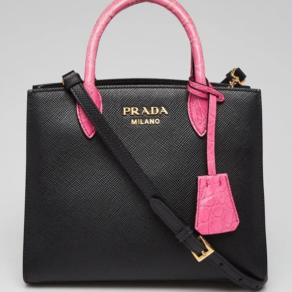 Prada Nero/Magenta Saffiano Leather/Crocodile Double Handle Small Tote Bag - Picture 1 of 11